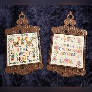 Vintage Trivets SET of 2: HOME SWEET HOME, DAILY BREAD Cast Iron Made in Japan